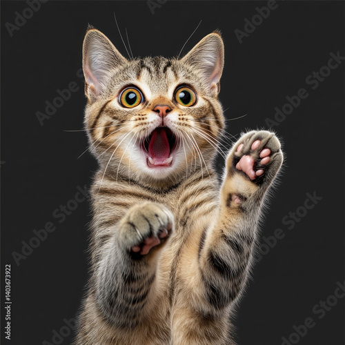A startled tabby kitten playfully paws the air, a burst of youthful energy and surprise captured against a dark, simple background.