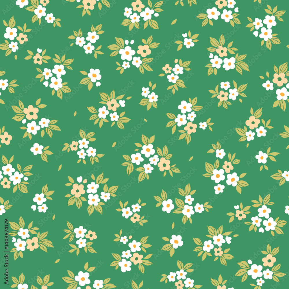 Beautiful floral pattern in small flowers. Small white and yellow flowers. Green background. Ditsy print. Floral seamless background. Gentle template for fashion prints. Stock pattern. Beautiful floral pattern in small flowers. Small white and yellow flowers. Green background. Ditsy print. Floral seamless background. Gentle template for fashion prints. Stock pattern.