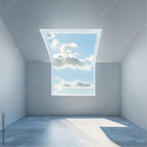 An empty room with a skylight revealing a serene sky with clouds. The minimalist interior emphasizes the contrast between the indoor space and the outdoor view