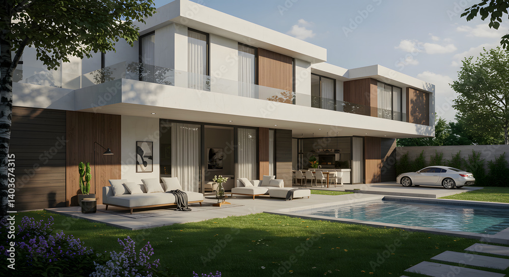 Fototapeta premium Modern Luxury Villa with Poolside Patio