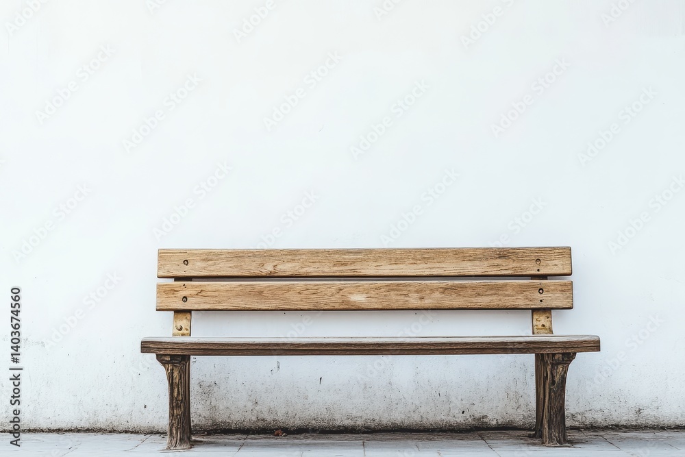 Fototapeta premium Empty wooden park bench against a white wall