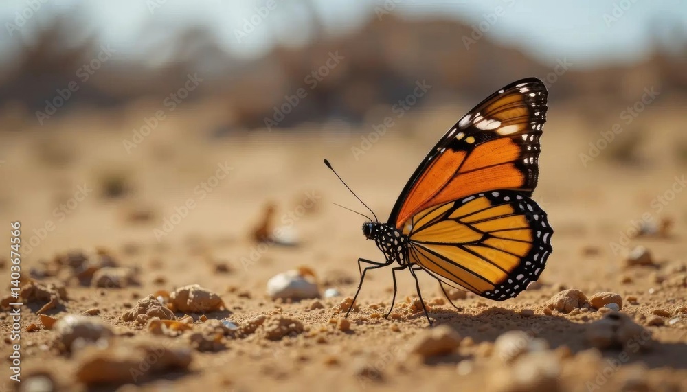 Monarch Butterfly on Arid Ground, Wing Detail, Shallow Depth of Field Monarch Butterfly on Arid Ground, Wing Detail, Shallow Depth of Field