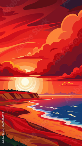 A beautiful sunset over the ocean with a red sky. The sky is filled with clouds and the sun is setting in the distance. Scene is peaceful and serene, as the sun sets over the water