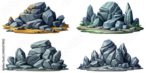 Pile of grey stone set. Rock cartoon. Cobble stone game objects. Boulder, stones and rocks element, isometric 3d flat style. 2d rock asset. Mountain grey stones. Vector pile grey rock stone, isolated 