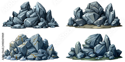 Pile of grey stone set. Rock cartoon. Cobble stone game objects. Boulder, stones and rocks element, isometric 3d flat style. 2d rock asset. Mountain grey stones. Vector pile grey rock stone, isolated 