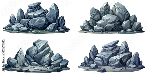 Pile of grey stone set. Rock cartoon. Cobble stone game objects. Boulder, stones and rocks element, isometric 3d flat style. 2d rock asset. Mountain grey stones. Vector pile grey rock stone, isolated 