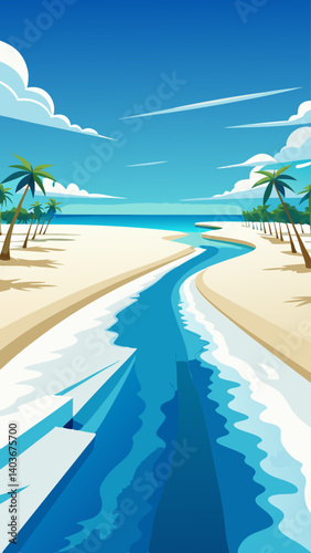 A beautiful beach scene with a river running through it. The water is calm and the sky is clear. The scene is peaceful and relaxing, perfect for a day at the beach