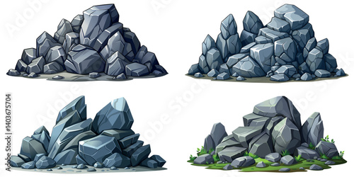 Pile of grey stone set. Rock cartoon. Cobble stone game objects. Boulder, stones and rocks element, isometric 3d flat style. 2d rock asset. Mountain grey stones. Vector pile grey rock stone, isolated 