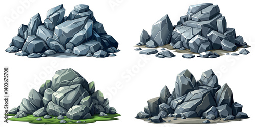 Pile of grey stone set. Rock cartoon. Cobble stone game objects. Boulder, stones and rocks element, isometric 3d flat style. 2d rock asset. Mountain grey stones. Vector pile grey rock stone, isolated 