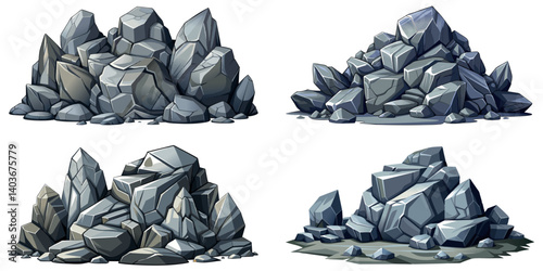 Pile of grey stone set. Rock cartoon. Cobble stone game objects. Boulder, stones and rocks element, isometric 3d flat style. 2d rock asset. Mountain grey stones. Vector pile grey rock stone, isolated 