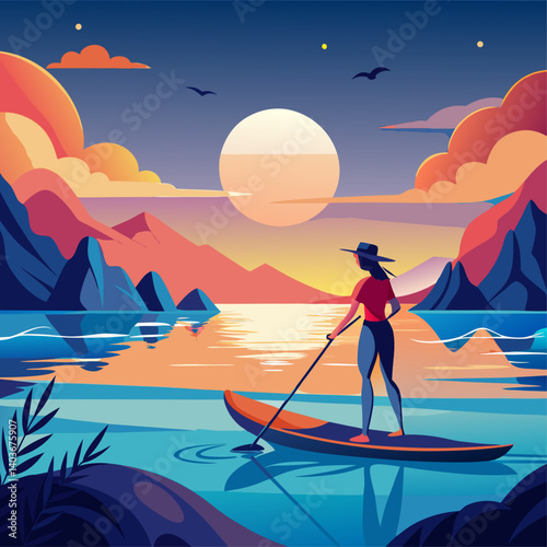 A woman is paddling a surfboard on a lake at sunset. The sky is filled with clouds and the sun is setting in the distance