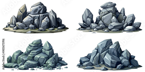 Pile of grey stone set. Rock cartoon. Cobble stone game objects. Boulder, stones and rocks element, isometric 3d flat style. 2d rock asset. Mountain grey stones. Vector pile grey rock stone, isolated 