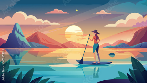 A woman is paddling a surfboard on a lake at sunset. The sky is filled with clouds and the sun is setting in the distance