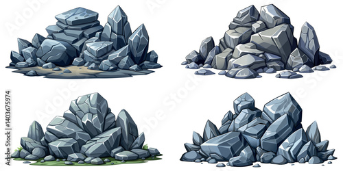 Pile of grey stone set. Rock cartoon. Cobble stone game objects. Boulder, stones and rocks element, isometric 3d flat style. 2d rock asset. Mountain grey stones. Vector pile grey rock stone, isolated 