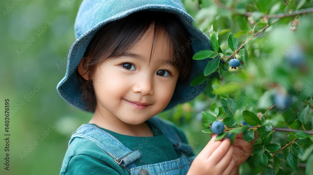 Joyful child picking blueberries in a sunny garden on a summer day Joyful child picking blueberries in a sunny garden on a summer day