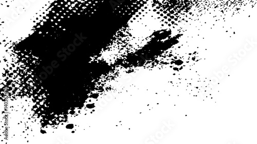 Vector new style halftone dots modern grunge texture black grunge brush stroke white background. Black Ink splatter brush stroke on white halftone dots abstract background