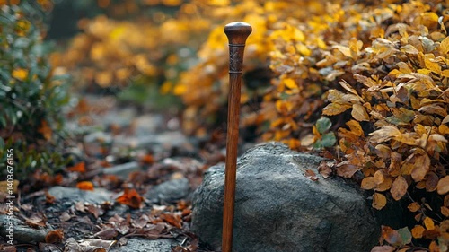Wooden Walking Stick in Autumnal Park