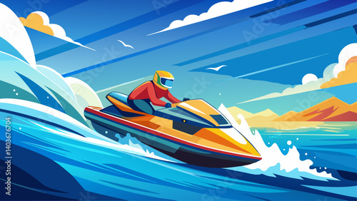 A man is riding a jet ski on a body of water. The sky is blue and there are clouds in the background