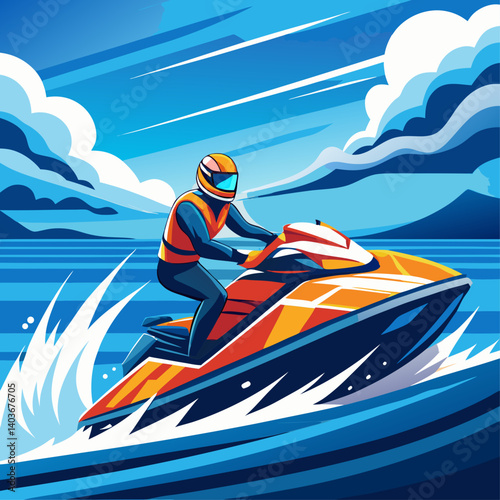 A man is riding a jet ski on a body of water. The sky is blue and there are clouds in the background
