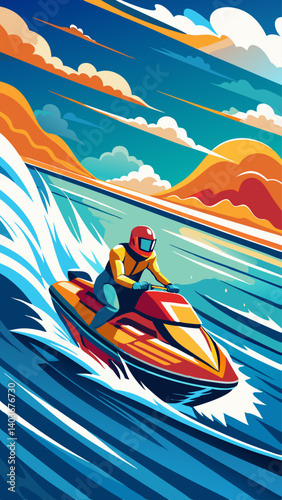 A man is riding a jet ski on a body of water. The sky is blue and there are clouds in the background