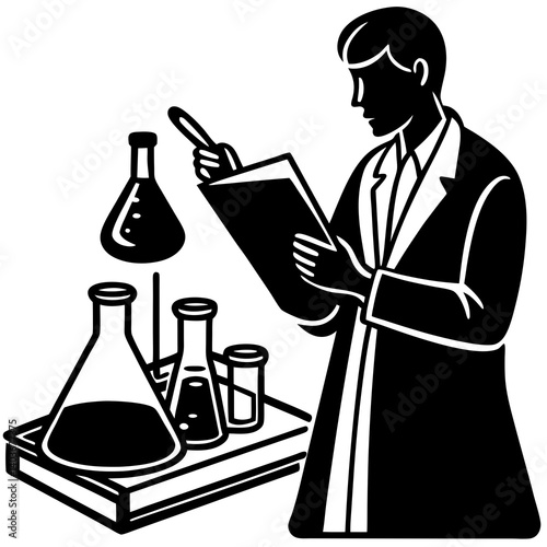 A silhouette of a researcher taking notes in a laboratory notebook while observing chemical reactions