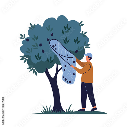 Person picking fruit from tree using flat design vector art illustration