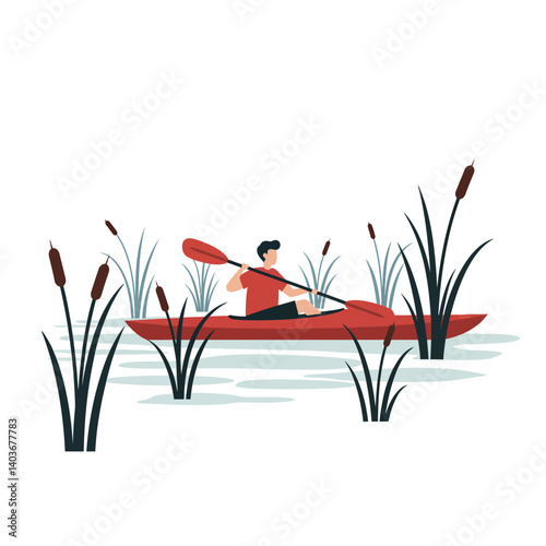 Kayaker paddling through tall reeds in flat minimal vector art