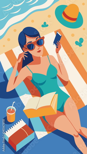 A woman is laying on the beach reading a book. She is wearing sunglasses and a blue bikini. There is an umbrella nearby and a cup. The scene is bright and sunny