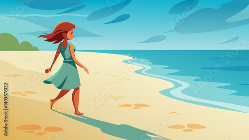 A woman is walking on the beach. The sky is blue and there are clouds in the background