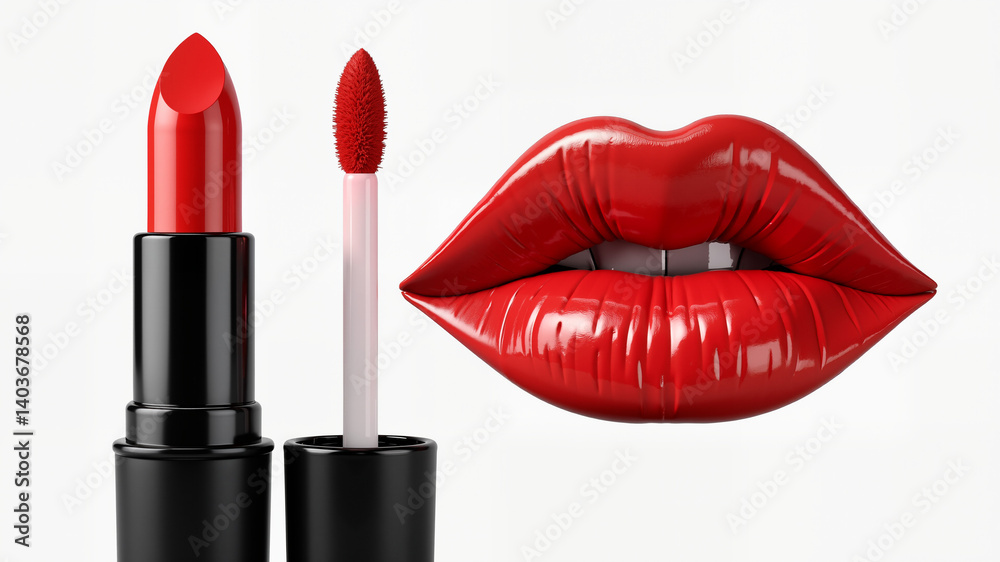 Obraz premium Red Lipsticks and lipstick smear droplet isolated on white background, 3d rendering.