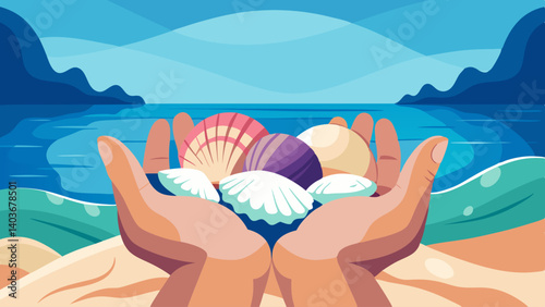 A hand is holding a bunch of shells, with the ocean in the background. The shells are of different sizes and colors, and the hand is cupped around them, creating a sense of warmth and protection