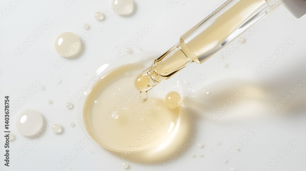 Fototapeta premium Close-up of cosmetic serum droplets on white background. Clear liquid with gel-like texture, pipette in hand. Fresh, natural, organic, and healthy skin care product for face and body treatment.