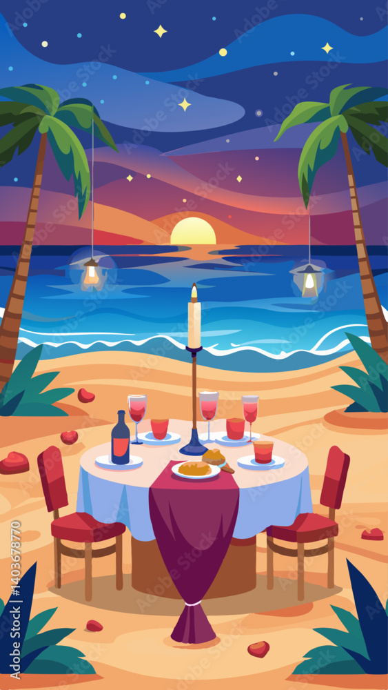 Obraz premium A beach scene with a table set for a romantic dinner. The table is surrounded by chairs and has a white tablecloth. There are wine glasses, bottles, and cups on the table. The atmosphere is warm