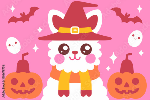 A charming llama witch celebrating Halloween with adorable pumpkins, bats, and ghosts on a cheerful pink background.