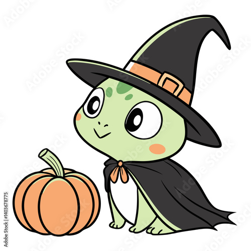 A charming little frog dressed as a witch for Halloween, gazing adoringly at a plump pumpkin, showcasing a cute and whimsical style with bold outlines and bright colors.