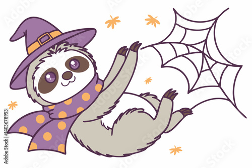 A charming sloth witch merrily floats through autumn leaves, entangled in a whimsical spiderweb, wearing a purple polka dot scarf and a pointed hat.