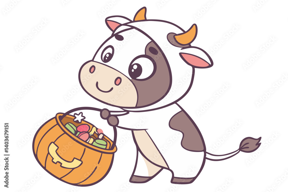 A cute cow in a Halloween costume joyfully carries a pumpkin basket overflowing with candy on a bright white background A cute cow in a Halloween costume joyfully carries a pumpkin basket overflowing with candy on a bright white background