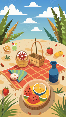 A drawing of a picnic with a basket full of fruit, a bottle of wine, and a bottle of water