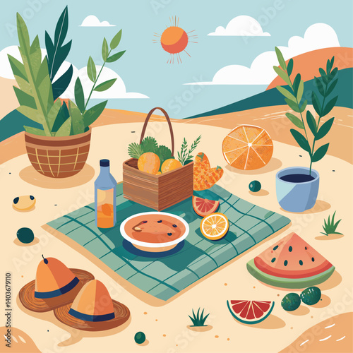 A drawing of a picnic with a basket full of fruit, a bottle of wine, and a bottle of water