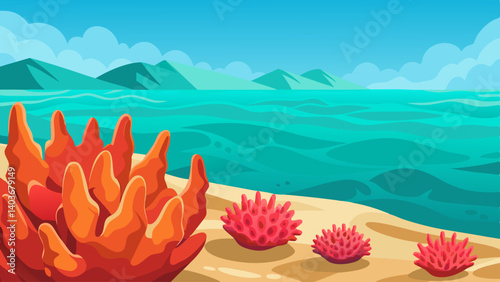 A serene ocean scene with a few red and orange sea creatures scattered throughout the water. The blue ocean is calm and peaceful, with no signs of turbulence or disturbance