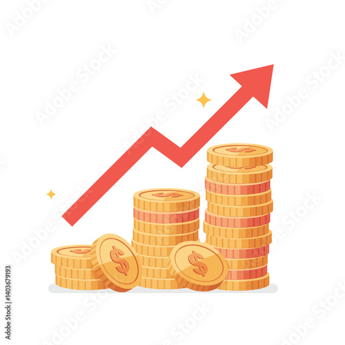 Revenue Growth with Cash Coins and Upward Arrow on White Background  