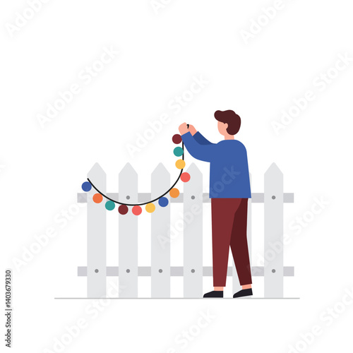 Person hanging colorful lights on a fence in flat vector art style