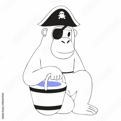 A mischievous one-eyed monkey pirate captain guarding his treasure in a striped bucket with a simple line art style.