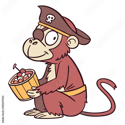 A mischievous pirate monkey, clutching a treasure chest of sweet treats, embarks on a whimsical adventure with a bold, cartoonish style.