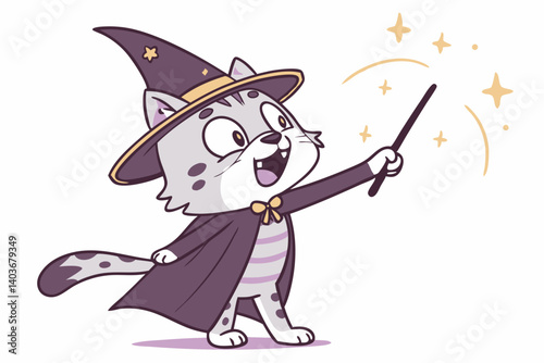 A playful grey tabby cat, wearing a purple wizard's hat and robe, joyfully casts a spell with a magic wand, sparkling with golden light.