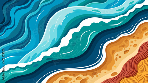 A drawing of a beach with a wave crashing in the background. The image has a calming and serene mood, with the blue water and the sandy beach creating a peaceful atmosphere