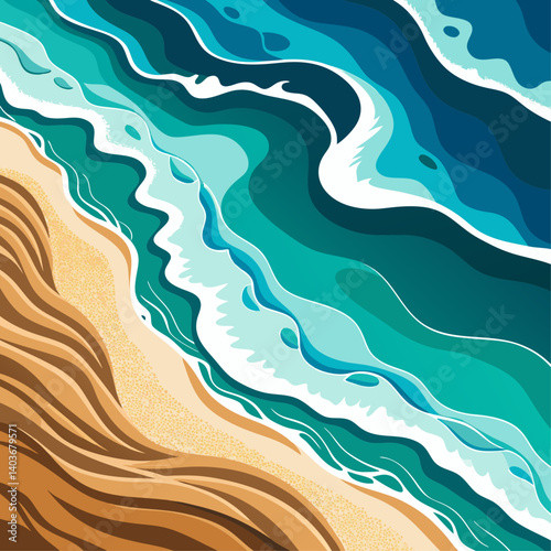 A drawing of a beach with a wave crashing in the background. The image has a calming and serene mood, with the blue water and the sandy beach creating a peaceful atmosphere