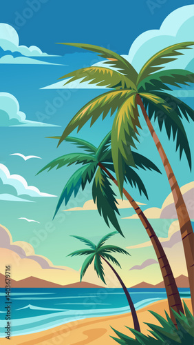 A beautiful blue sky with two palm trees on the beach. The palm trees are tall and green. The ocean is in the background