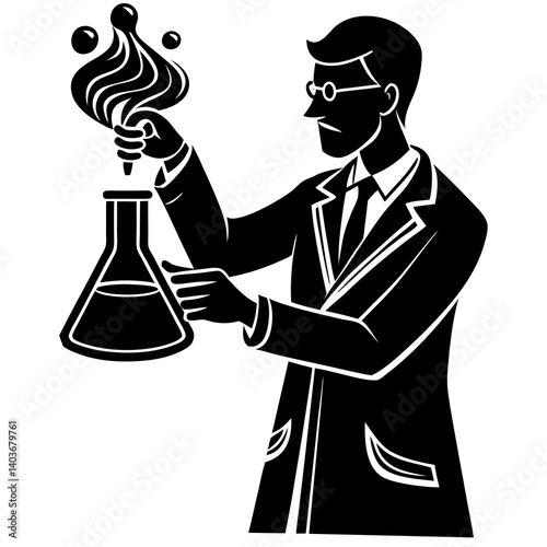 A silhouette of a scientist in a laboratory, mixing chemicals in a flask, with vapors rising