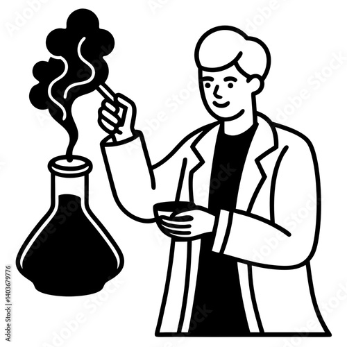 A silhouette of a scientist in a laboratory, mixing chemicals in a flask, with vapors rising
